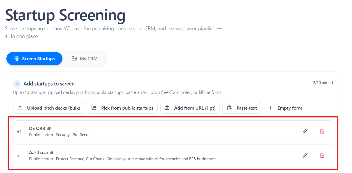 Investor bulk-screens multiple startup decks against one investment thesis.