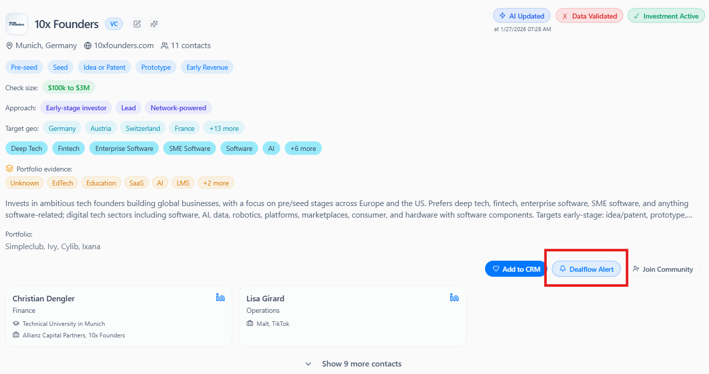 Investor sets dealflow alerts for high-fit startups and relevant investment themes.