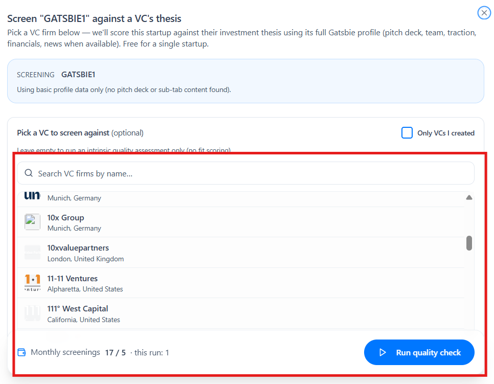 Founder selects a VC profile to compare against their startup.