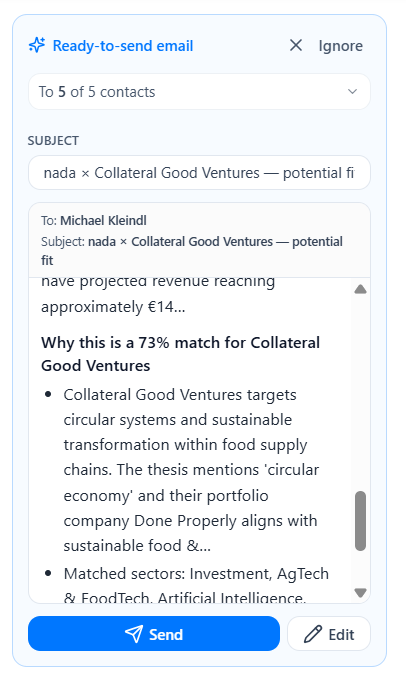 Gatsbie shows investor matches and personalised outreach emails for founder approval.