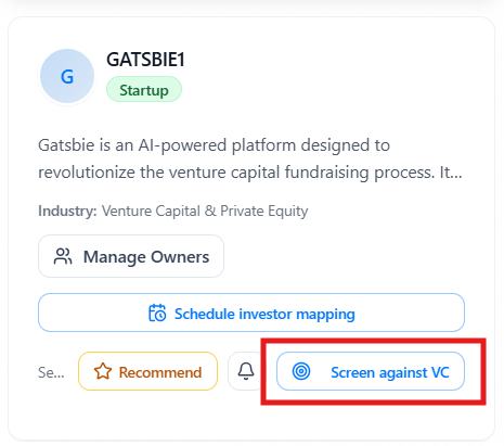 Investor screens one startup against a selected VC investment thesis.